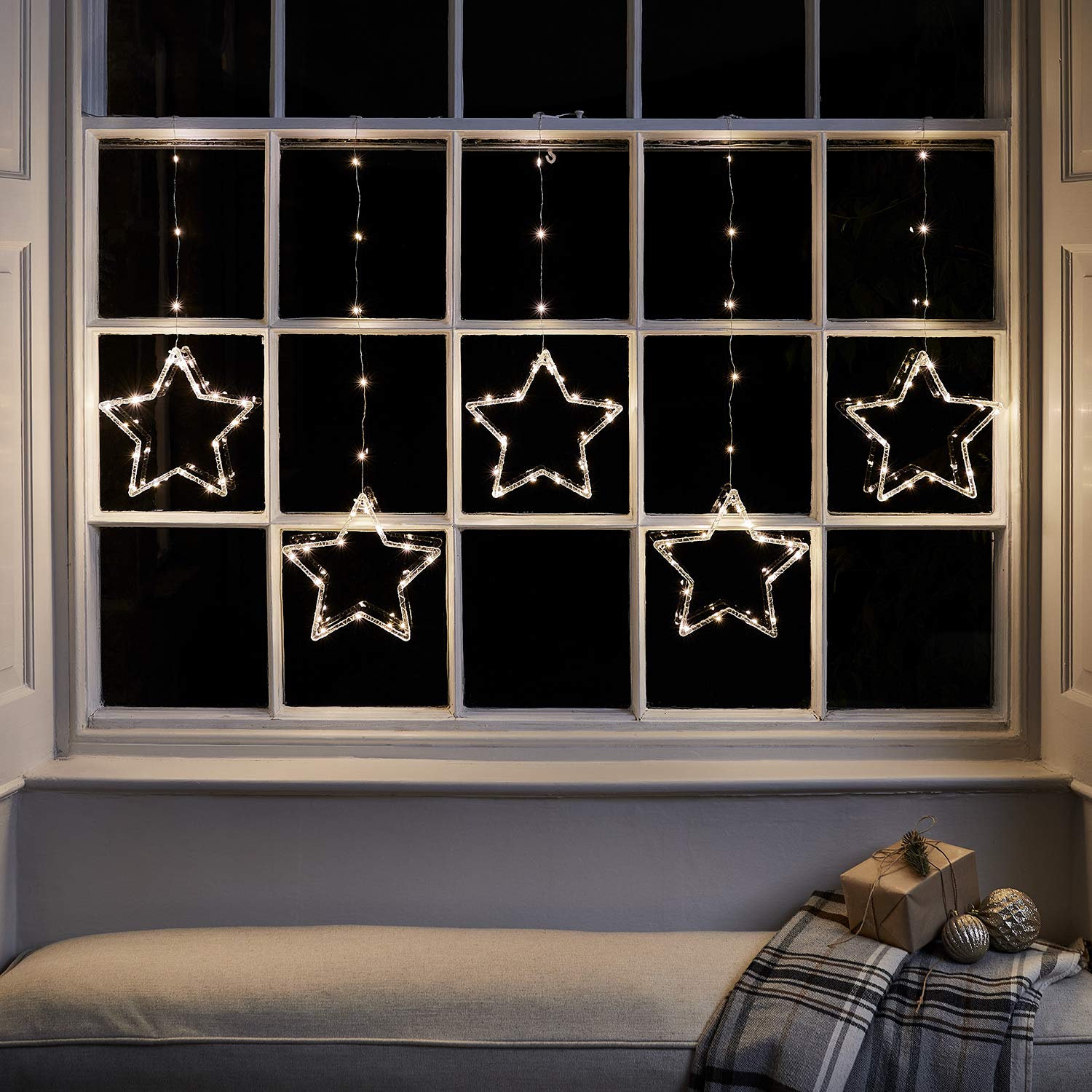 Lights4fun 2m 100er Micro LED Sternenvorhang warmweiß Weihnachtsbeleuchtung mit Timer Weihnachtsdeko Fenster