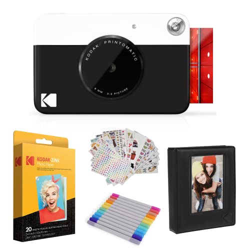 KODAK Printomatic Sofortbildkamera (schwarz) Geschenkpaket + Zinkpapier (20 Blatt) + Deluxe-Etui + 7 lustige Aufkleber-Sets + Twin Tip Marker + Fotoalbum + Hängerahmen