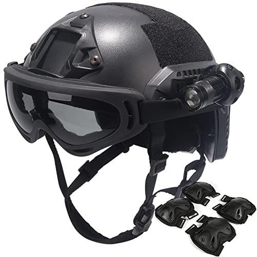 AQzxdc Fast Helm für Kinder & Erwachsene, mit Schutzbrille, Taschenlampe, Blinkende Lichter, NVG-Imitationen, Knie- und Ellbogenschützer, für, Outdoor-Spiele, Airsoft Paintball,Bk c,Kid