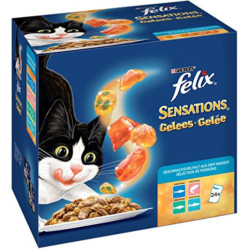 Felix Sensations, Katzennassfutter, Vitamine & Omega 6, Gelees Geschmacksvielfalt aus dem Wasser I Adult I 4er Pack (4 x 24 x 100g)