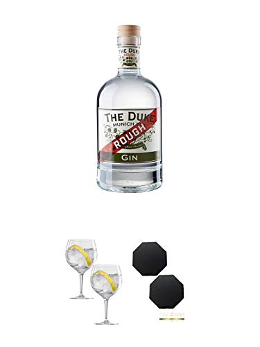 The Duke - THE ROUGH - 42% München Dry BIO Gin 0,7 Liter + Spiegelau Gin & Tonic 4390179 2 Gläser + Schiefer Glasuntersetzer achteckig 2 x ca. 9,5 cm Durchmesser