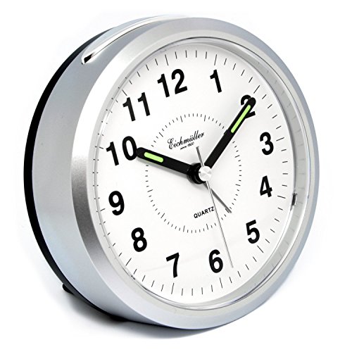 Eichmüller Wecker Analog mit Licht und Weckwiederholung - batteriebetrieben rund in Silber mit Ziffernblatt Alarm - Tischuhr Uhr