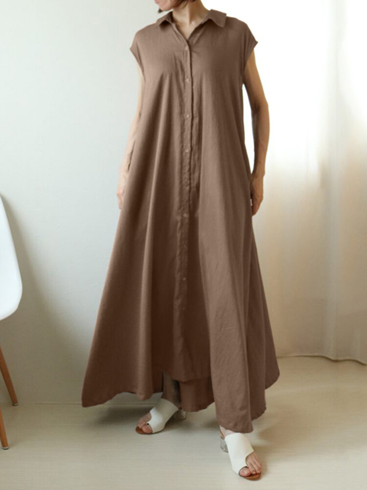 Einfarbiges, geknöpftes Revers mit Rüschen, Kurzarm-Maxihemd Kleid