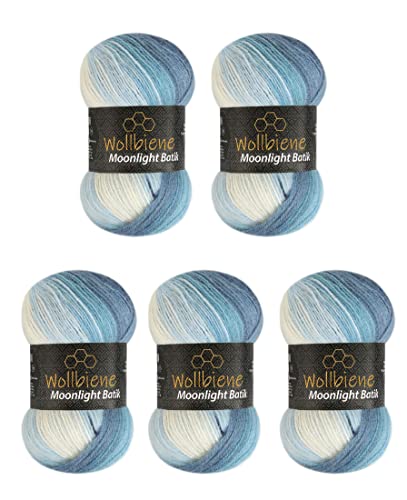 Wollbiene Moonlight Batik 5 x 100g Strickwolle 500 Gramm Wolle zum Stricken und Häkeln 20% Wolle türkische Wolle Farbverlaufswolle Strickwolle (5500 blau weiß)