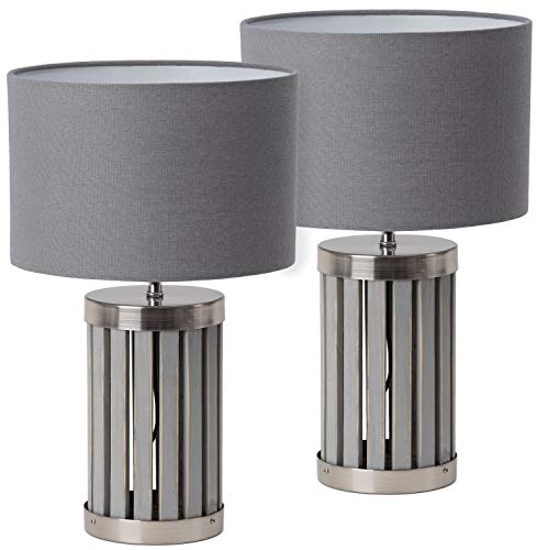 BRUBAKER 2er Set Tisch- oder Nachttischlampen - 41 cm Höhe - Fuß aus Holz/Metall Grau - Textilschirm Grau