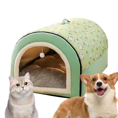 Katzenhöhle | 2-in-1 abnehmbares, überdachtes Katzenbett mit Kugelanhänger,Flanell-Katzenbett, Katzennest für Hauskatzen, Katzenversteck, Katzenhöhlen für Hauskatzen, warmes Hundebett mit Ewoke