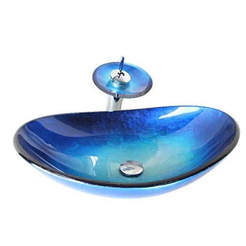Homelava Glas Waschbecken Set Oval Modern mit Wasserhahn Blau