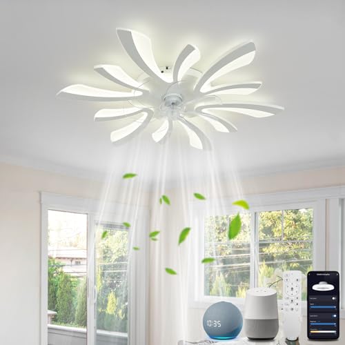 YOLEDY Lampe mit Ventilator Leise mit Fernbedienung, Moderne Deckenventilator mit Beleuchtung 2.4GHz WiFi Funktioniert mit Alexa Google Home, für Schlafzimmer, Küche, Weiß
