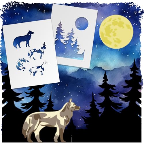 Heulender Wolf Schablonen Set von 2 – Wölfe Pack, Wildtierwald und mehr – DIY wiederverwendbare Bastel- und Malschablonen STENCILAIR