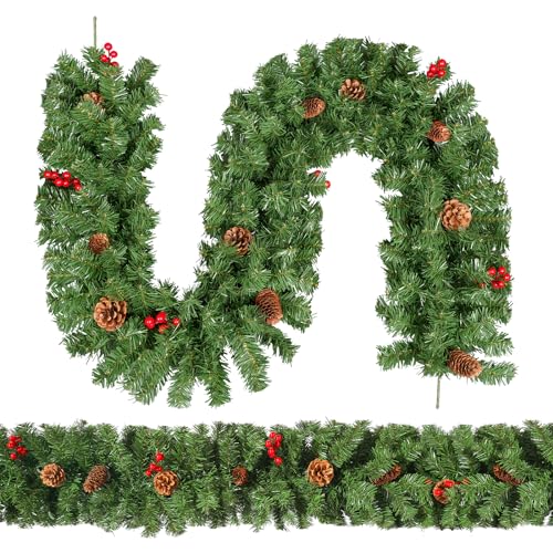 220 cm/7ft Weihnachts Girlanden mit Tannenzapfen, Roten Beeren, Künstliche Rattangirlanden Grün Kranz, Weihnachtliche Hängetreppe Fenster Kamin Wand Weihnachtsdekoration
