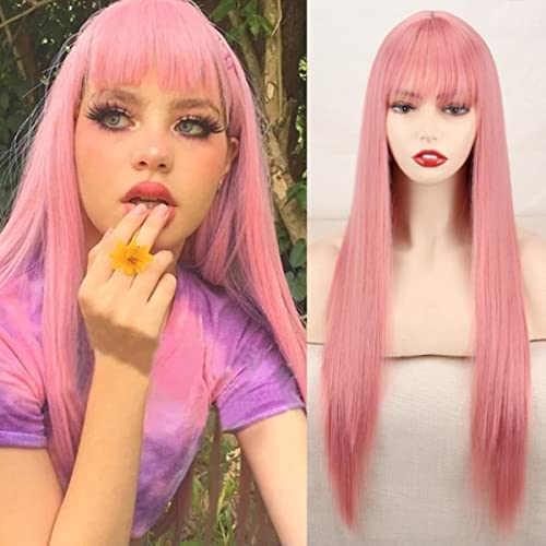 Synthetische Perücke Rosa Perücke Blonde Perücke Langes glattes Haar mit Pony Natürliche Perücken Für Frauenhaare Cosplay Wig-T1B/613,24inches