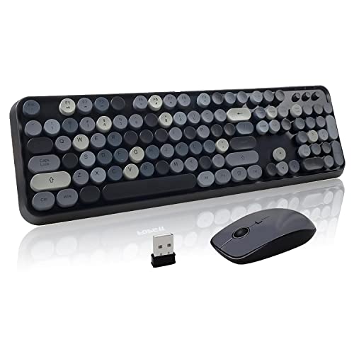 Kabellose Tastatur-Maus-Kombination, 2.4 GHz, USB-Tastatur in voller Größe mit 112 runden Retro-Tasten, Letton niedliche Büro-Computer-Tastaturen, Laptop, schwarz