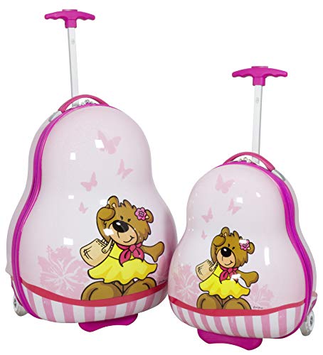 Trendyshop365 Kinder Koffer-Set 2-teilig Hartschale Teddy-Bär Pink 2 LED-Räder Handgepäck