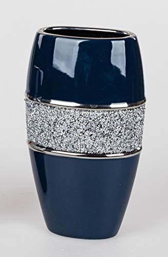Edle Vase Blumenvase Tischvase Flunder Designvase in Nachtblau und Silber glänzend und mit Strass verziert, in verschiedenen Variationen (Oval hoch 30 cm)