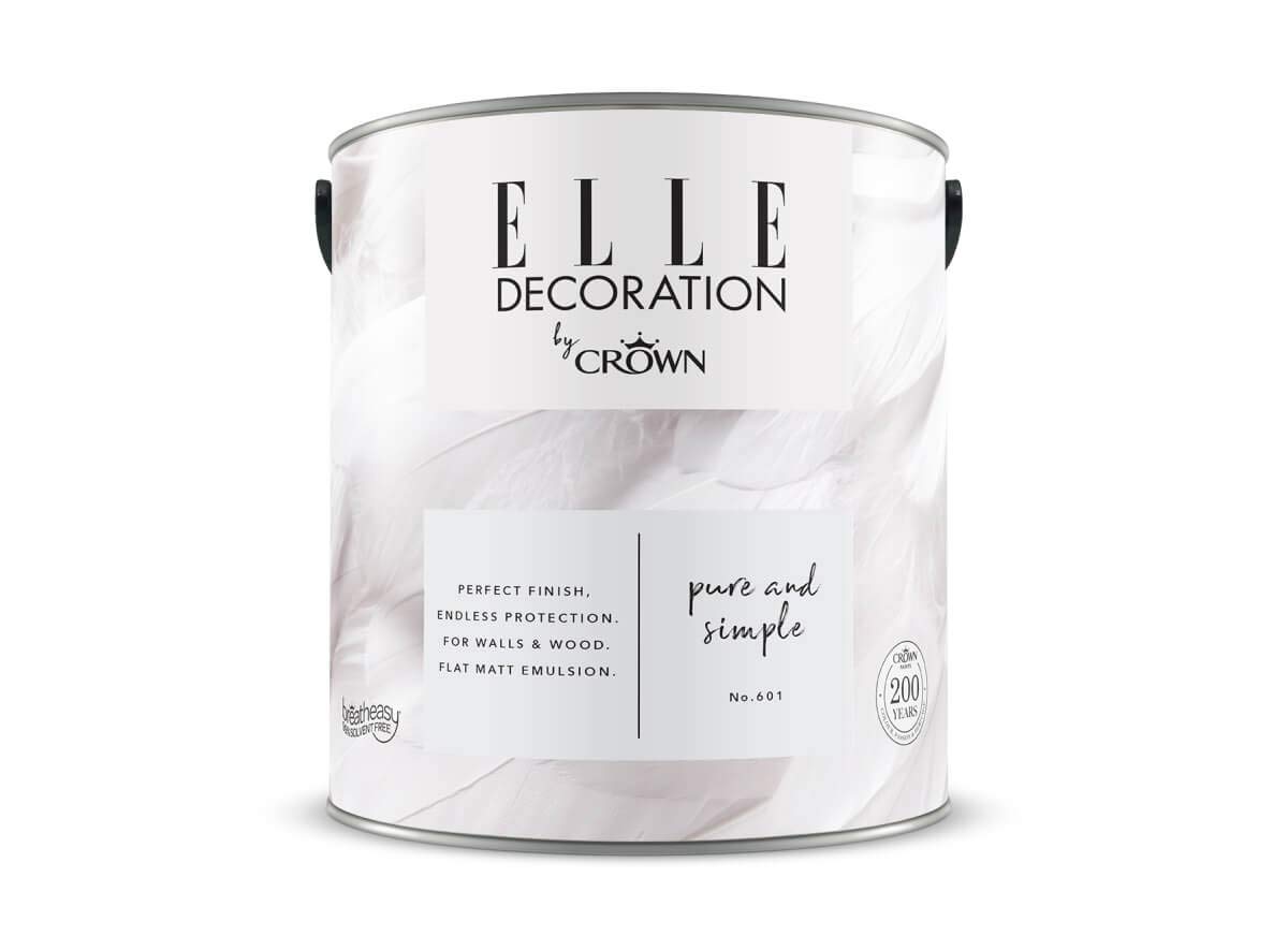 Crown ELLE DECORATION Pure & Simple No. 601, 2,5 L, extra-matte Premium Wandfarbe für Innen, für Wände und Holz, hohe Deckkraft, Innenfarbe,Weiß mit einem zarten Hauch von Lila
