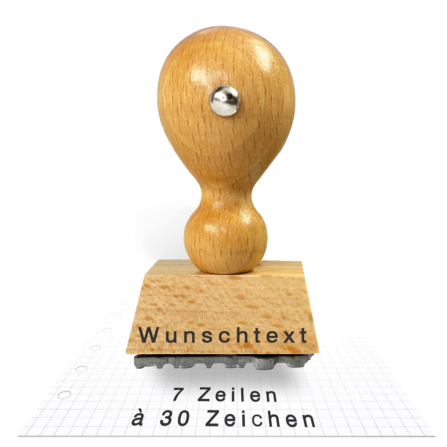 Betriebsausstattung24® Traditioneller Holzstempel inkl. Wunsch-Textplatte | bis zu 7 Zeilen Abdruckmaße: 72 x 27 mm | Stempel aus Naturholz | Buchenholz