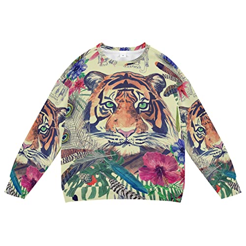 Linomo Kids Sweatshirt Tropisch Blätter Blume Tiger Gesicht Langarmshirts Kinder Langarm Tops Rundhals T-Shirt Pullover für Jungen Mädchen