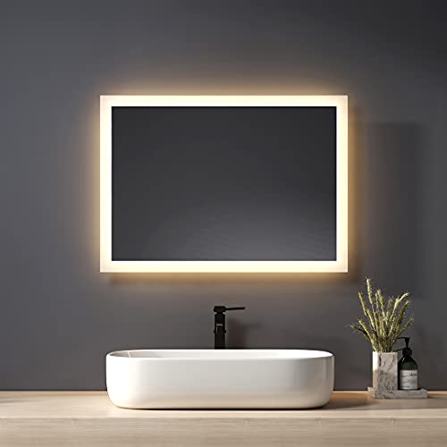 Heilmetz Badspiegel mit Beleuchtung 50x70cm LED Badezimmerspiegel mit Beleuchtung LED Badspiegel Warmweissen Lichtspiegel IP44 Wasserdichtes Niveau