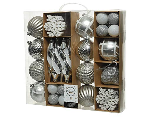 Decoris 50er Set bruchfeste Weihnachtskugeln weiß/Silber aus Kunststoff für innen und außen