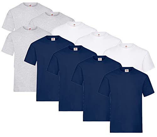 Fruit of the Loom 10er Pack Heavy T, Farbe:4X Navy + 3X Grau + 3X Weiss + 1 HL Kauf Notizblock, Größe:L