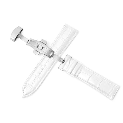 BOLEXA uhr Lederarmband Plus Echtleder-Uhrenarmbänder 12–24 mm Universal-Uhrenarmband mit Schmetterlingsschnalle, Stahlschnallenarmband, 22 mm-Uhrenarmband (Color : Weiß, Size : 20mm)