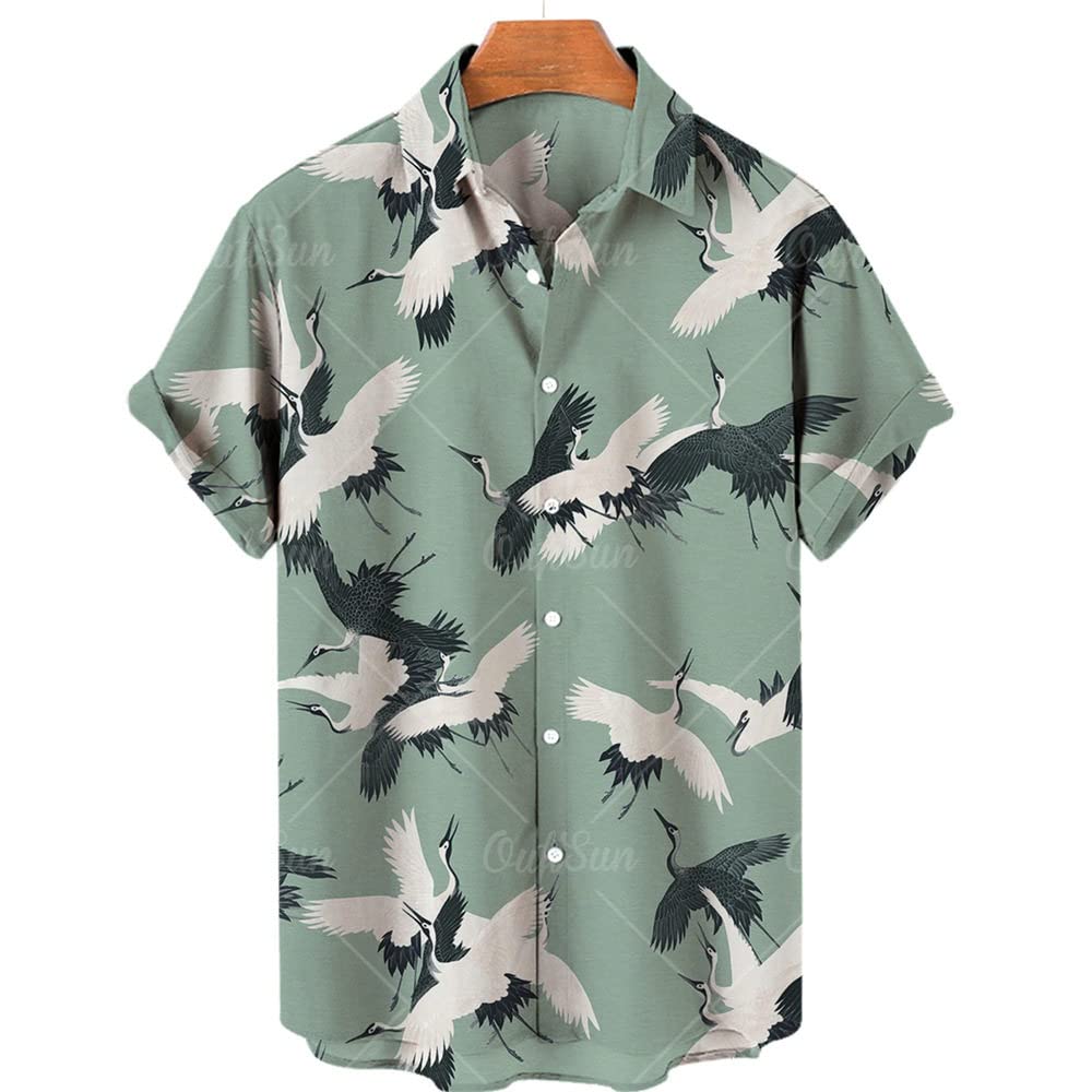 Herren Hawaii Hemd,Beach Casual Hawaii Shirt, Red Crowned Crane Pattern 3D Print Green Button Up Shirt, Herren Sommermode Shirt Für Strandspiel Und Alltagskleidung,L