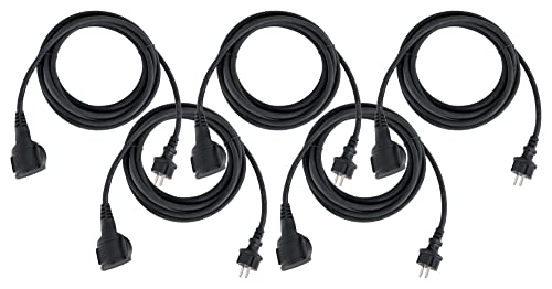 Stagecaptain PSPEXT-10 Verlängerungskabel 5x Set - Länge: 10m - Schutzklasse IP44 - H07RN-F Kabel (3x 1,5 mm²) - Gummiummantelt - Mit Kindersicherung und Abdeckkappe - Schwarz