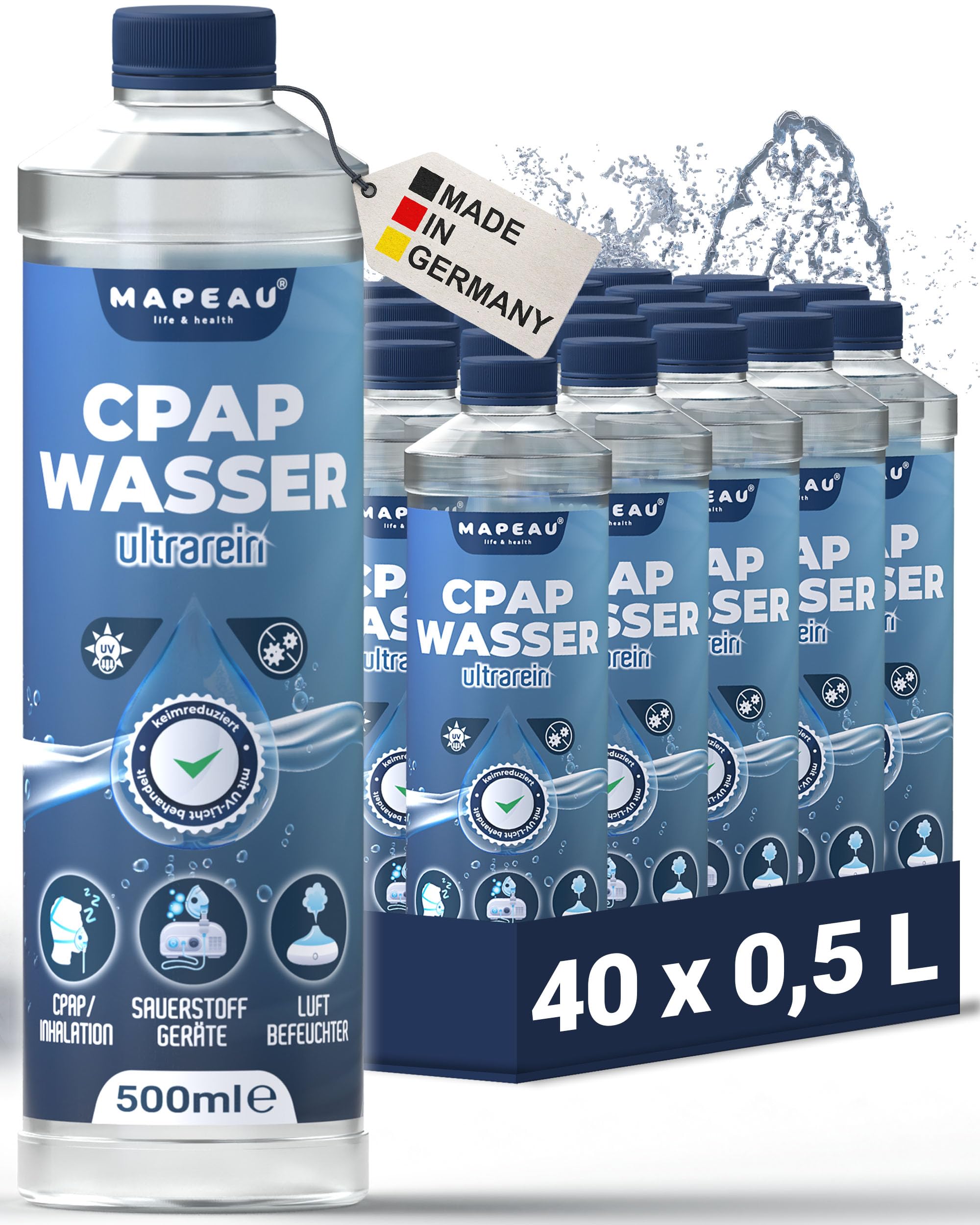 Mapeau Wasser für CPAP-Geräte, Inhalator, Atemgasbefeuchtung keimreduziert, Luftbefeuchter, reines destilliertes Wasser für Sauerstoffkonzentrator (40x 500ml)