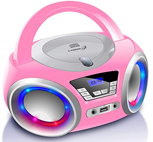 Tragbarer CD-Player | Boombox | CD/CD-R | USB | FM Radio | AUX-In | Kopfhöreranschluss | CD Player | LED-Discolichter | Kinder Radio | CD-Radio | Stereoanlage | Kompaktanlage (Pretty Kitty Pink)
