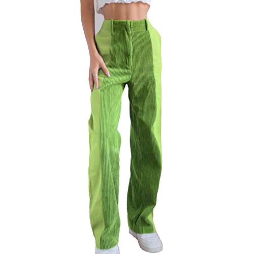 MRLION Elastische Hohe Taille Cord Hosen Beiläufige Lose Patchwork Lange Hosen Damen Herbst Mode Vintage Jogginghose,Green 1,S