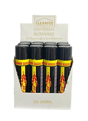 Clearfee 12 Stück Universal Butan Gas Feuerzeuggas zum nachfüllen für Feuerzeugen, Flambierbrenner, 100% Reinheit, Nachfüllgas, Lighter Gas inkl. Aufsätze
