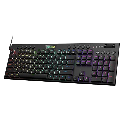 Redragon K619 Horus RGB Mechanische Tastatur, ultradünnes Design, kabelgebundene Gaming-Tastenkappen, dedizierte Medienkontrolle und linearer roter Schalter, Pro Software unterstützt