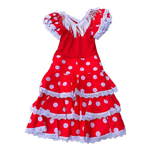 La Senorita Spanische Flamenco Kleid Niño Deluxe / Kostüm - für Mädchen / Kinder - Rot / Weiß (Größe 140/146 - Länge 95 cm- 9-10 Jahr)