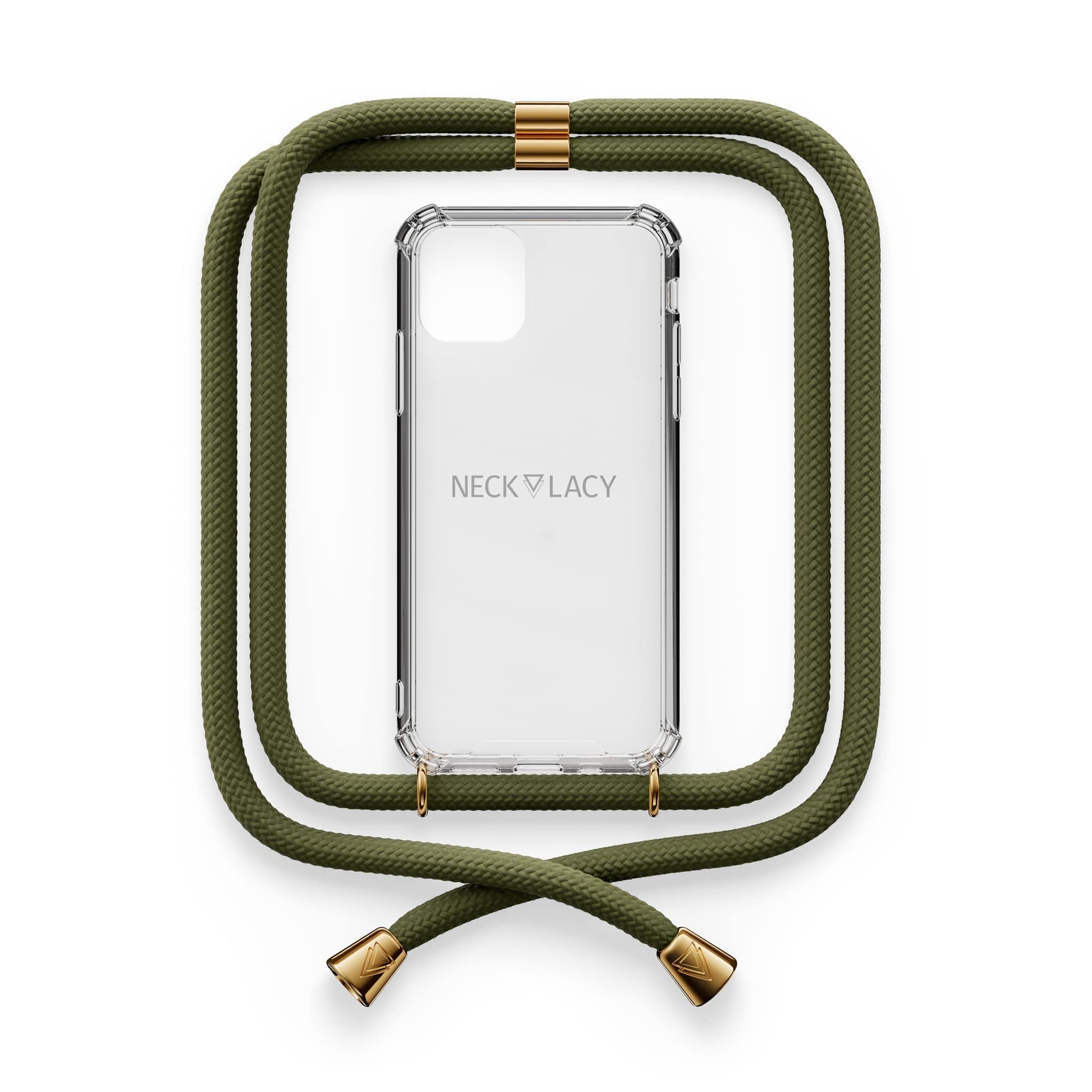 NECKLACY® - Die Premium Handykette für Apple iPhone 13 in Dark Olive | transparente Handyhülle mit hochwertiger Kordel zum Umhängen - Smartphone Crossbody Case