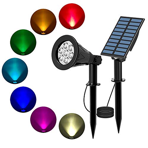 T-SUN 7 LED Solarstrahler Solarleuchten, 2-in-1 Wasserdicht Solar Gartenleuchten Solarlampe Außen Wandleuchte mit 3M Kabel, 7 Farbwechsel Gartenbeleuchtung(Lange Drücken Sie 3s, um einzuschalten)