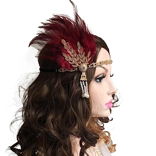 Vintage Feder Stirnband Rote Feder Perlen Glänzende Strass Haarband Mode Stirn Dekorationen Party Haar Zubehör Federn Stirnband