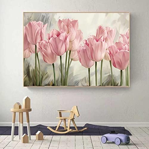 HONGC Wandbilder, Tulpenpflanze, rosa Blumen, Leinwandgemälde, Landschaft, Poster und Drucke, Bild für Wohnzimmer, Heimdekoration, 40 x 60 cm (16 x 24 Zoll), rahmenlos