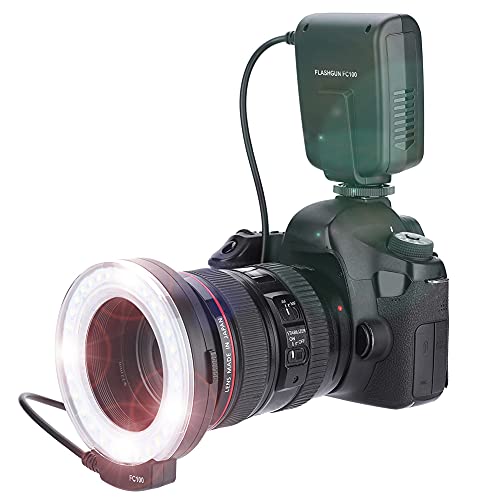 Topiky Meike FC-100 Tragbarer LED-Makroringblitz 5500K Anpassung Helligkeit Speedlite-Videokamera-Fülllicht-Kit mit 8 Adapterringen und Controller für Canon/Nikon-Kameras