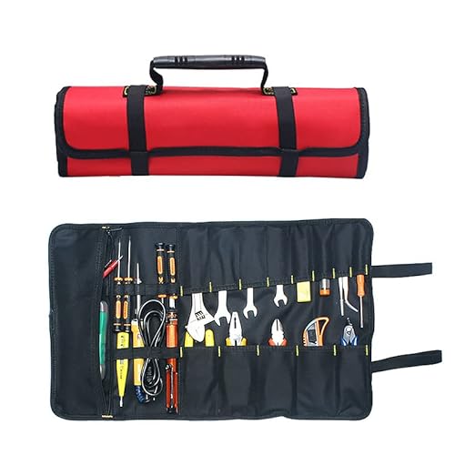 Maso Tragbare Werkzeugtasche mit 22 Taschen aus 600D Oxford-Stoff, große Tragetasche, einfache Aufbewahrung, tragbar, ideal für Heimwerker, Reparaturen, Rot