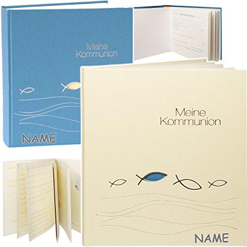 2 tlg. Set: Kommunionsalbum/Erinnerungsalbum Eintragalbum + Fotoalbum - meine Kommunion inkl. Name - Ichthys - blau & creme - Buch Gebunden - blanko wei..