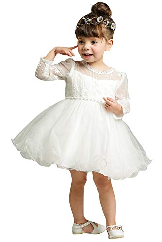 Happy Cherry Baby Mädchen Taufkleid Blumen Spitze Tüll Hochzeits Festlich Bow Süß Elegant Festkleidkleid Weiß 6-12 Monate