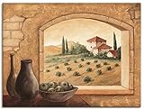 Artland Leinwandbild Wandbild Bild auf Leinwand 120x90 cm Wanddeko Fensterblick Fenster Toskana Landschaft Italien Natur Malerei Ocker T4MW