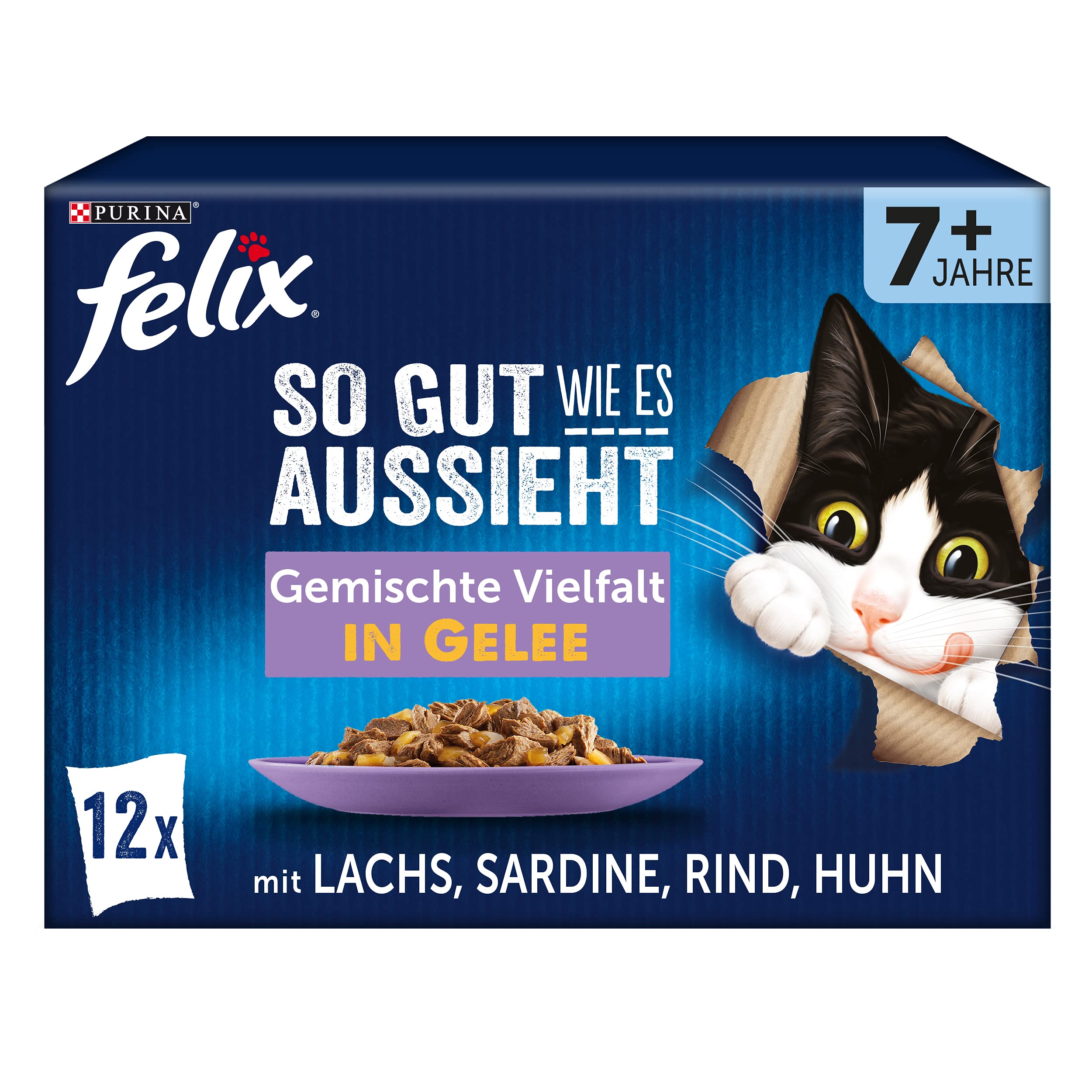 FELIX So gut wie es aussieht Senior Katzenfutter nass in Gelee, Sorten-Mix, 6er Pack (6 x 12 Beutel à 85g)