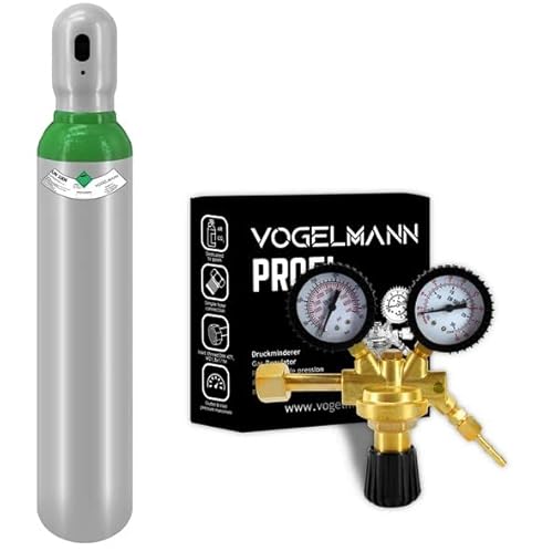 Gasflasche Argon 4.8 gefüllt 8L 1,5m3 mit Regler Profi Vogelmann, Reglerkit Argon/CO2, Gasflasche Kit mit Regler, Gaszylinder