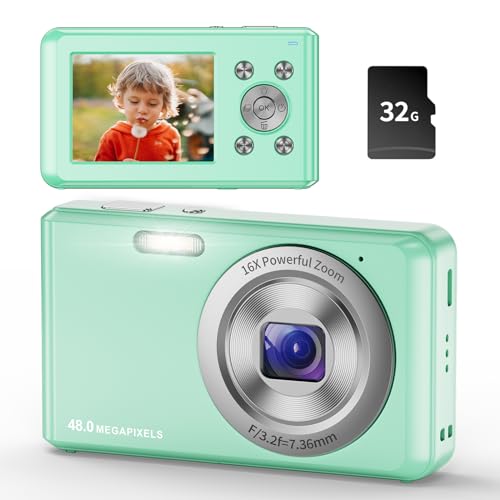 Digitalkamera,HD 1080P Fotokamera Kompaktkamera mit 32GB Karte, 50MP Fotoapparat 2,4 '' LCD 16X Digital Zoom Digital Kamera für Kinder, Mädchen,Teenager, Jungen, Anfänger(Grüner)