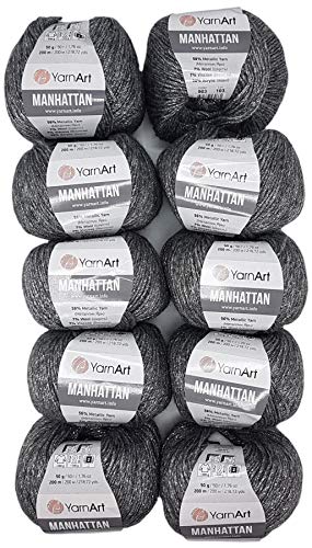 10 x 50g YarnArt Manhattan Viscose - Garn mit Glitzer, 500 Gramm Metallic-Wolle, Effektwolle (silber dunkel 903)