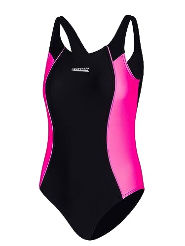 Aqua Speed Sportbadeanzug Mädchen | Badeanzug Einteiler für Kinder | UV Schwimmanzug | Kids Swimwear Sport | Strand | Swimming Pool | Swimsuit | Schwarz-Violett | Gr. 140 cm | Luna