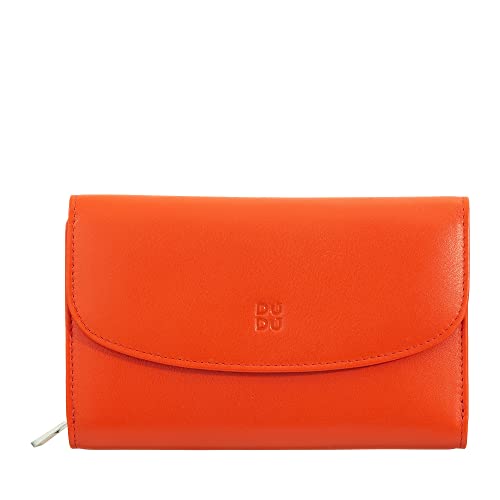 DUDU Damen Portemonnaie aus weichem Leder, Münzgeldbörse mit Reißverschluss, 12 Kartenfächer, Mehrfarbig Orange