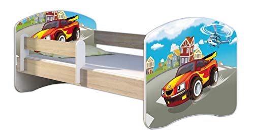 Kinderbett Jugendbett mit einer Schublade und Matratze Sonoma mit Rausfallschutz Lattenrost ACMA II 140x70 160x80 180x80 (03 Racing Car, 140x70)