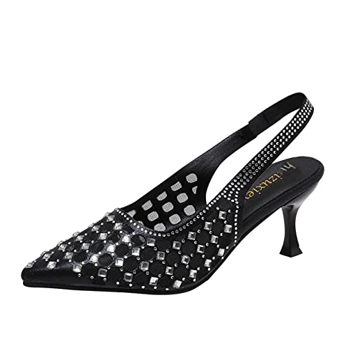 A Schuhe Damen Mode Sommer Frauen Sandalen Strass Hochhackige Hohl Atmungsaktiv Lässig Sandalen Damen Flach Fußbett (Black, 37)
